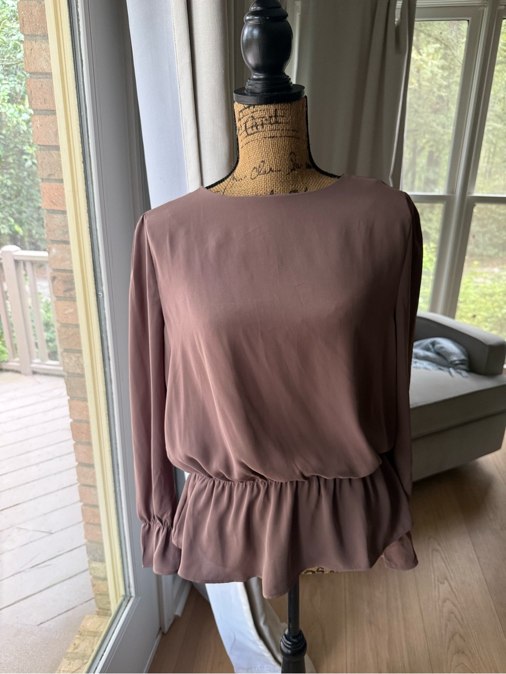 Long-Sleeve Peplum Blouse in Mauve